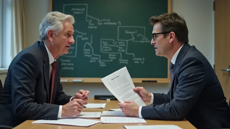 Em uma sala de reuniões, o vereador exerce sua função assessora ao apresentar relatórios, propostas e sugestões ao prefeito. Ao fundo, uma lousa ou tela exibe o planejamento estratégico e a análise política, destacando o papel essencial do vereador em aconselhar e apoiar o prefeito na tomada de decisões importantes para a gestão municipal.