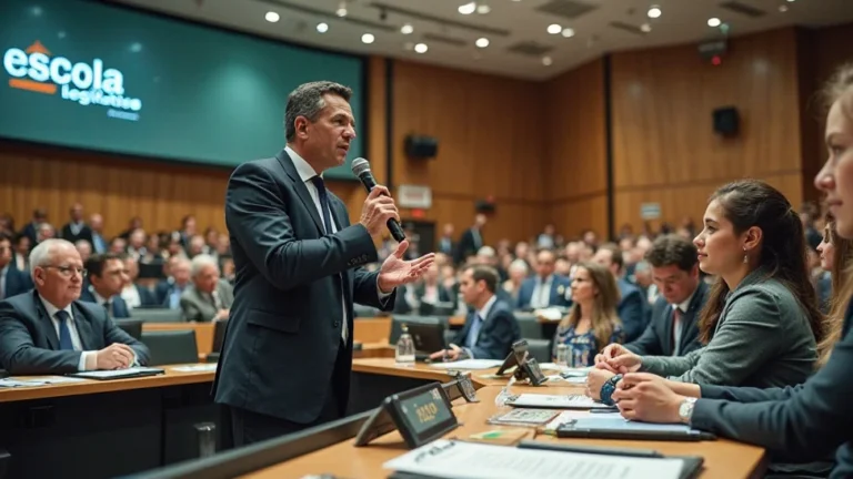 Imagem gerada por IA para representar um evento da escola do legislativo municipal, com foco em fortalecer o elo entre a população, a câmara municipal e os vereadores. Em primeiro plano, um palestrante de terno dialoga com o público usando um microfone, enquanto dezenas de pessoas acompanham com atenção a atividade. O cenário é um auditório moderno e bem iluminado, representando um espaço democrático de formação política, educação cidadã e participação popular. A imagem reforça o papel da escola legislativa municipal como ponte entre o cidadão e o poder legislativo local.