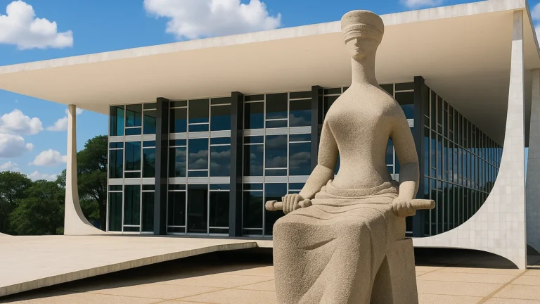 Fachada do Supremo Tribunal Federal (STF) em Brasília, com escultura da Justiça em destaque, representando o ambiente onde são julgadas questões como a Ação Direta de Inconstitucionalidade (ADI) no Brasil.