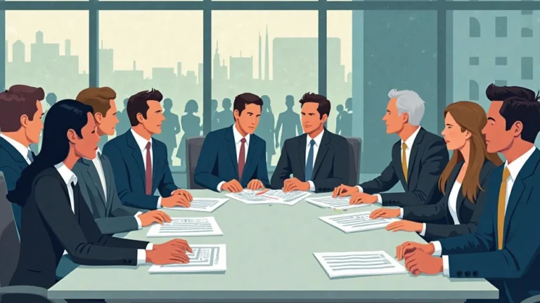 Vereadores reunidos em uma sala de reuniões da câmara municipal, discutindo documentos sobre proposição legislativa. A imagem mostra homens e mulheres em trajes formais sentados ao redor de uma mesa, analisando e debatendo propostas que impactam a população local, com a cidade visível ao fundo pela janela.