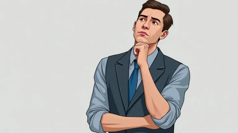 Desenho digital de um homem branco de cabelos castanhos, vestindo camisa azul, colete cinza e gravata azul, com a mão no queixo e olhar pensativo para cima. Representa um vereador pensativo sobre a diferença entre projeto de lei e emenda. Fundo cinza claro.