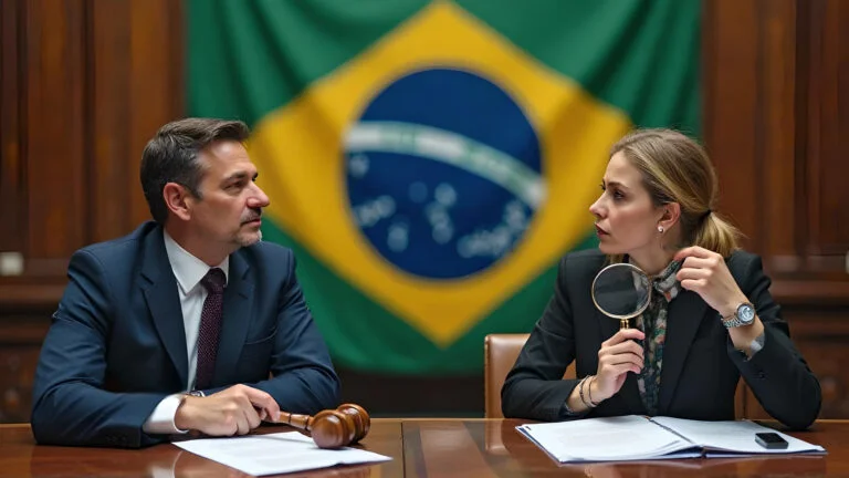 Dois vereadores sentados em uma mesa institucional, com a bandeira do Brasil ao fundo. À esquerda, um vereador segura um martelo de juiz, simbolizando o ato de legislar. À direita, uma vereadora observa documentos com uma lupa, representando a função de fiscalização. A imagem ilustra as funções típicas do vereador de forma clara e visualmente simbólica.