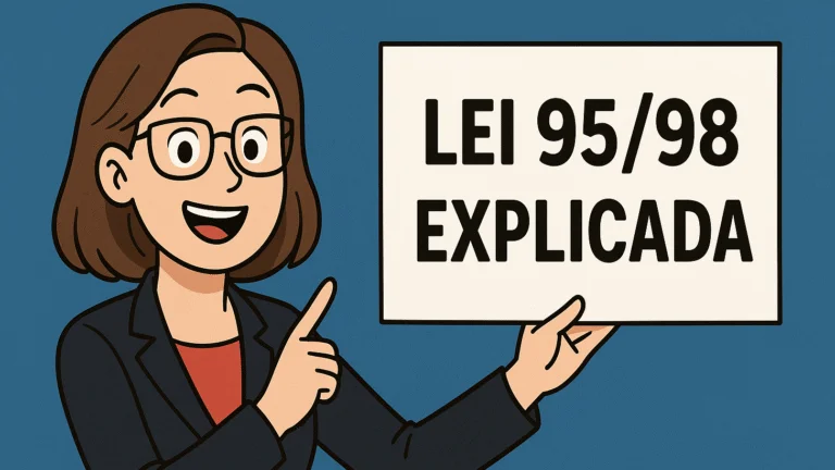 Ilustração em estilo cartoon de uma mulher política sorridente, com cabelo castanho e óculos, vestindo blazer azul escuro e blusa vermelha. Ela segura e aponta para um cartaz branco com os dizeres "LEI 95/98 EXPLICADA" em letras pretas, sobre um fundo azul. Imagem gerada por IA.