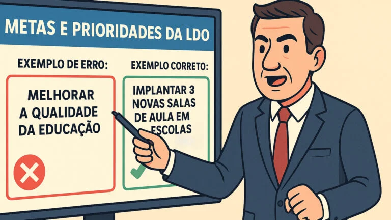 Ilustração feita em IA, em estilo cartoon mostra um vereador de meia-idade apontando para um telão com comparativo entre metas e prioridades da LDO. De um lado, aparece o exemplo de meta genérica “melhorar a educação”, e do outro, a meta bem formulada “implantar 3 novas salas de aula em escolas até 2025”. A cena destaca a importância de identificar erros e propor melhorias nas metas e prioridades da LDO.
